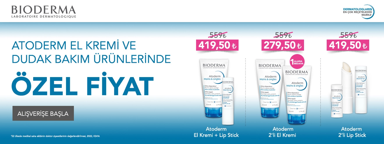 Atoderm el kremi ve dudak bakım ürünlerinde indirimli fiyatlar.